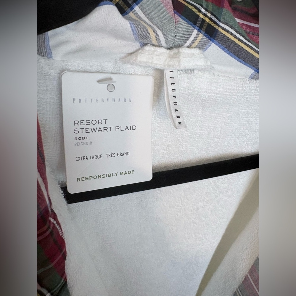 NWT Pottery Barn Waffle Weave Resort Stewart Plaid Robe – White – Size XL - Picture 4 of 16